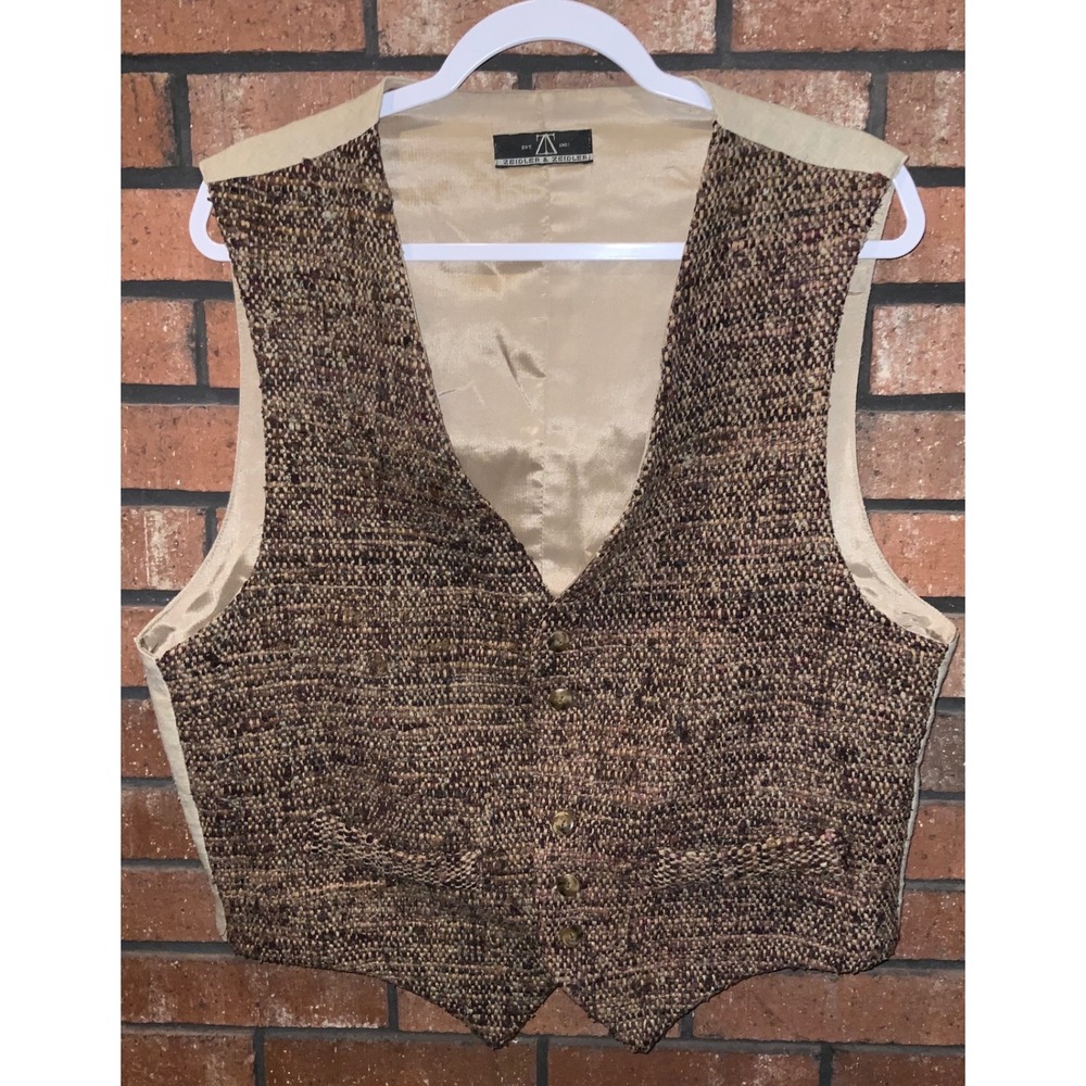 Zeidler & Zeidler Vintage Brown Tweed Waistcoat Vest Tan Back Mens Size M